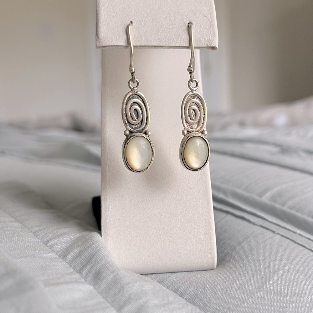 Spiral Silver and Cream Dangle Earrings